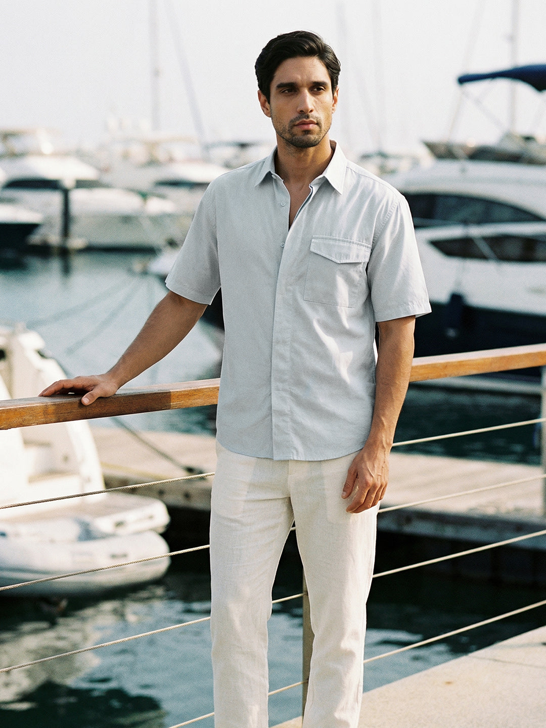 Boxy fit half sleeve cotton blend shirt with patch pocket