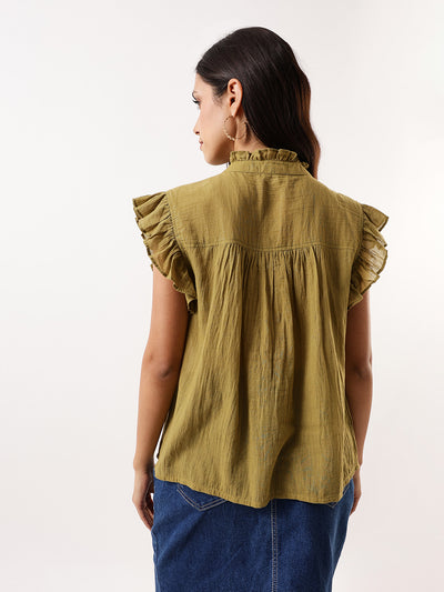 DL Woman Olive Solid Textured Sleeveless Round Neck Ruffle Top