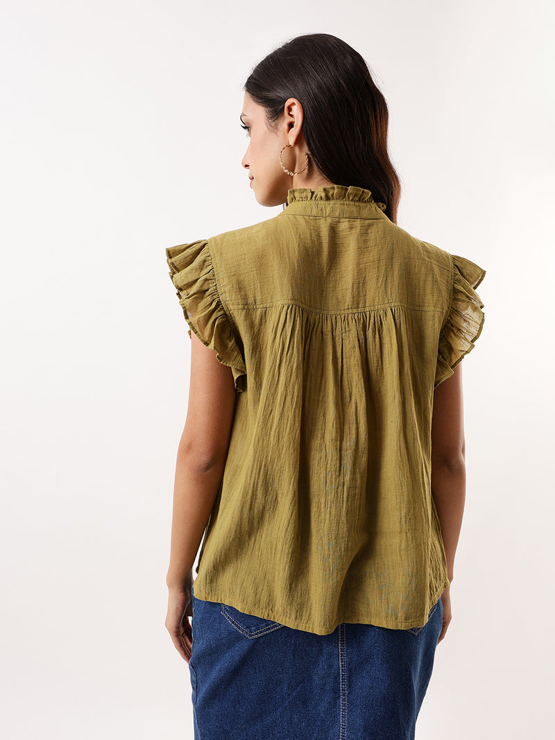 DL Woman Olive Solid Textured Sleeveless Round Neck Ruffle Top