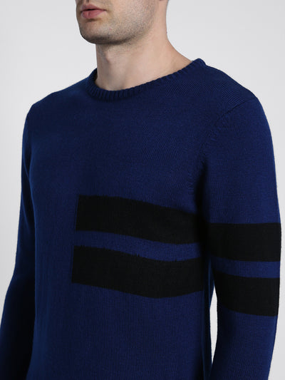 Dennis Lingo Men's Mid Blue Colourblock  Full Sleeves Pullover Sweater