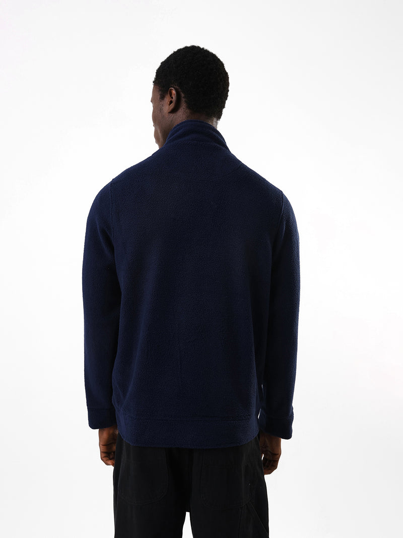 Men's Navy Solid Mock Collar Full Sleeves Open Front Jacket