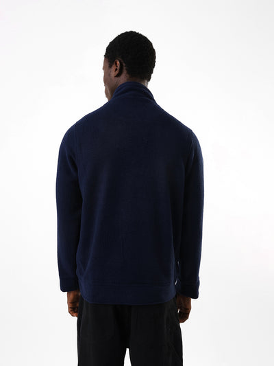Men's Navy Solid Mock Collar Full Sleeves Open Front Jacket