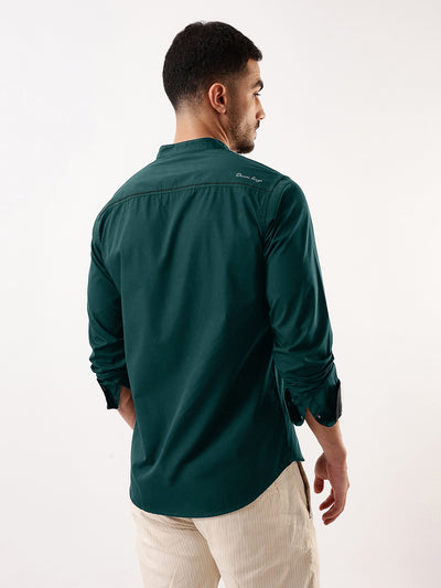Men Bottle green Solid Mandarin Collar Full Sleeves Regular Fit Casual Shirt