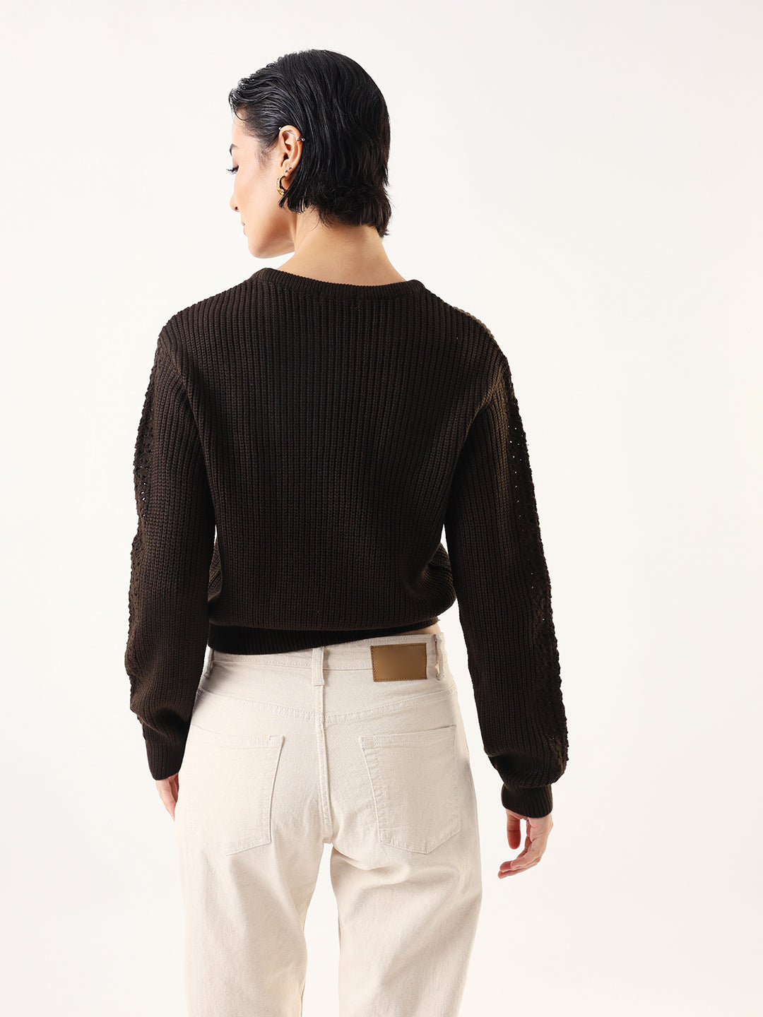 DL Woman Solid Round Neck Full Sleeves Crochet Sweater