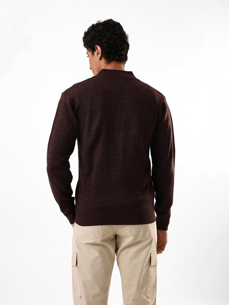 Men's Brown Solid Self Design Mock Collar Front-Open Sweater