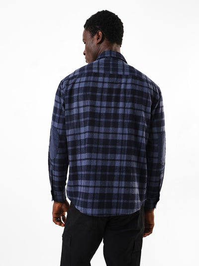 Men's Navy Flannel Checks Spread Collar Relaxed Fit Casual Shirt