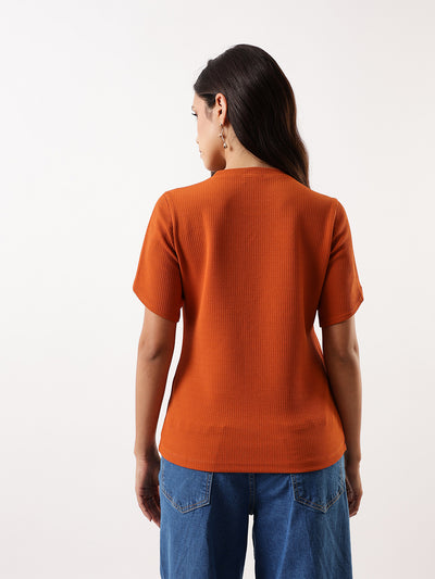 DL Woman Rust Solid Textured Round Neck Petal Sleeves Top