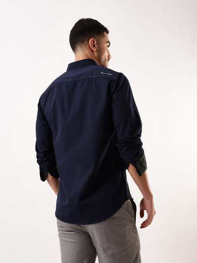 Men Navy Solid Spread Collar Full Sleeves Regular Fit Casual Shirt