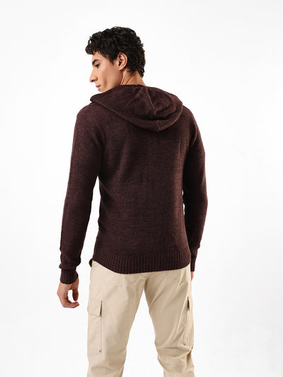 Men's Solid Cable Knit Hooded Front-Open Sweater