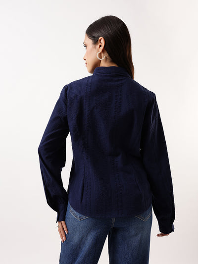 DL Woman Blue Textured Striped Spread Collar Full Sleeves Relaxed Fit Shirt