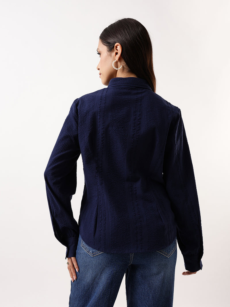 DL Woman Blue Textured Striped Spread Collar Full Sleeves Relaxed Fit Shirt