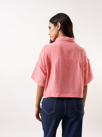 DL Woman Pink Embroidered Half Sleeves Spread Collar Textured Boxy Shirt