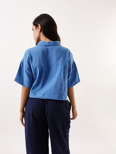 DL Woman Blue Embroidered Half Sleeves Spread Collar Textured Boxy Shirt