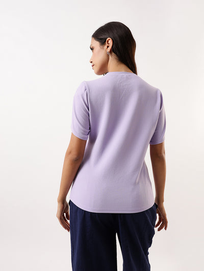 DL Woman Lavender Solid Textured Round Neck Petal Sleeves Top