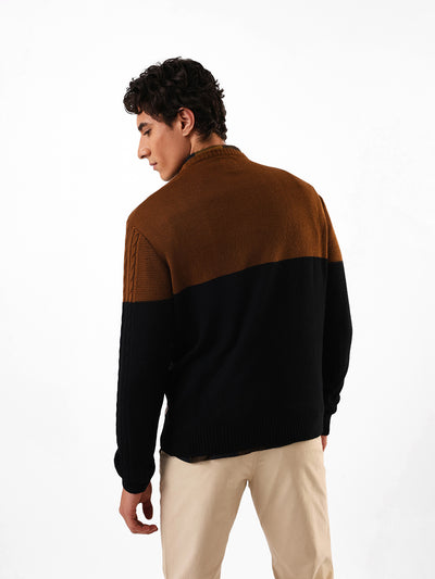 Men's Black & Brown Colourblocked Cable Knit Round Neck Pullover Sweater