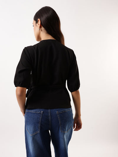 DL Woman Black Solid Textured V-Neck Half Sleeves Tie-Up Top