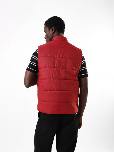 Men's Maroon & Navy Colourblocked Mock Collar Sleeveless Gilet Jacket