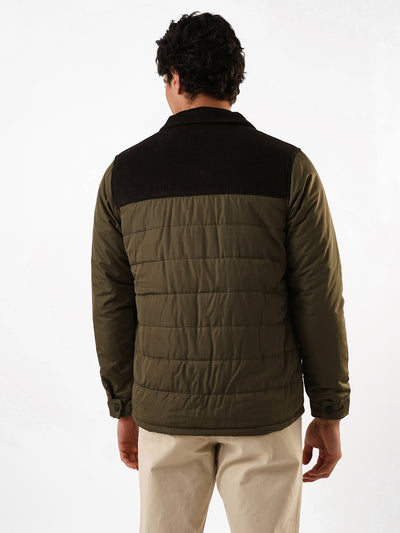 Men's Black & Olive Colourblocked Spread Collar Full Sleeves Puffer Jacket