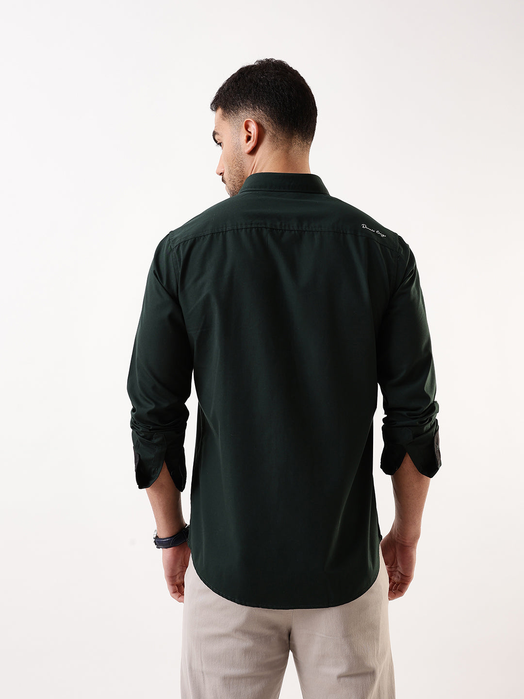 Men Bottle Green Solid Spread Collar Full Sleeves Regular Fit Casual Shirt