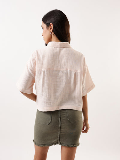 DL Woman OffWhite Embroidered Half Sleeves Spread Collar Textured Boxy Shirt