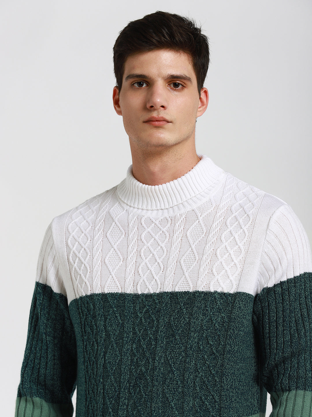 Dennis Lingo Men's Off White Colourblock  Full Sleeves Pullover Sweater