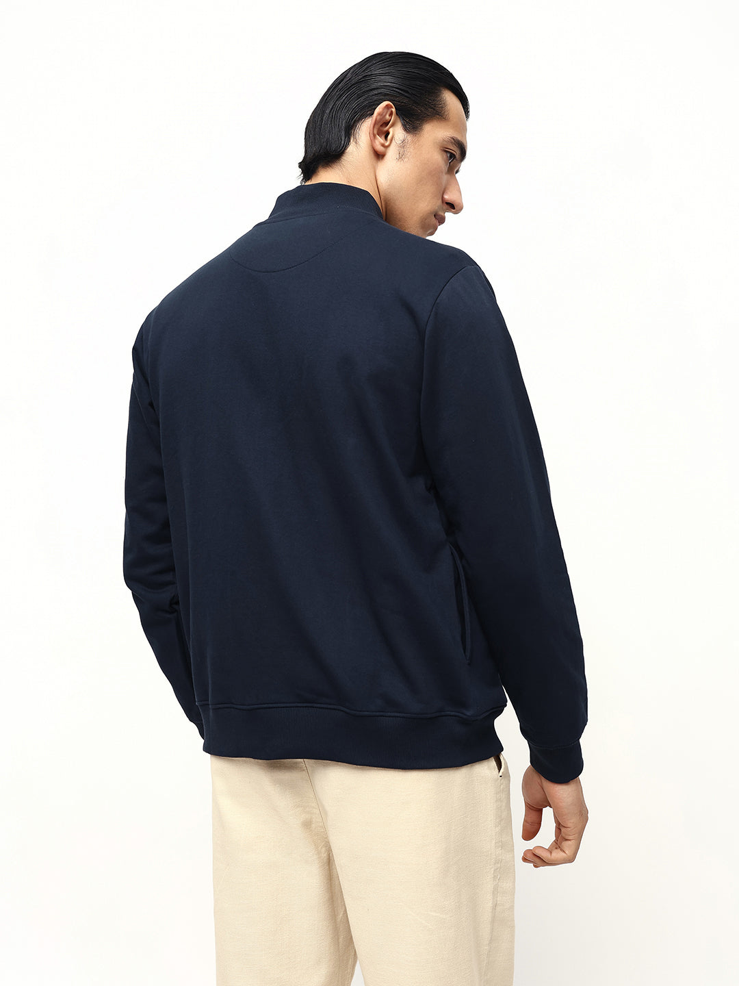 Men's Navy Blue Solid Rib Collar Full Sleeves Sweatshirt