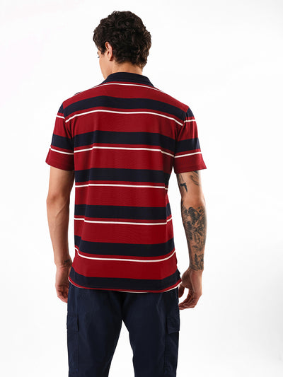 Men's Maroon Striped Polo Collar Relaxed Fit T-shirt