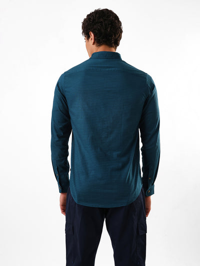 Men's Navy Solid Textured Spread Collar Regular Fit Casual Shirt