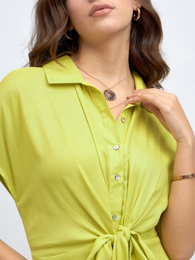 DL Woman Shirt Collar Regular Fit Solid Green Midi Tie-Up Dress