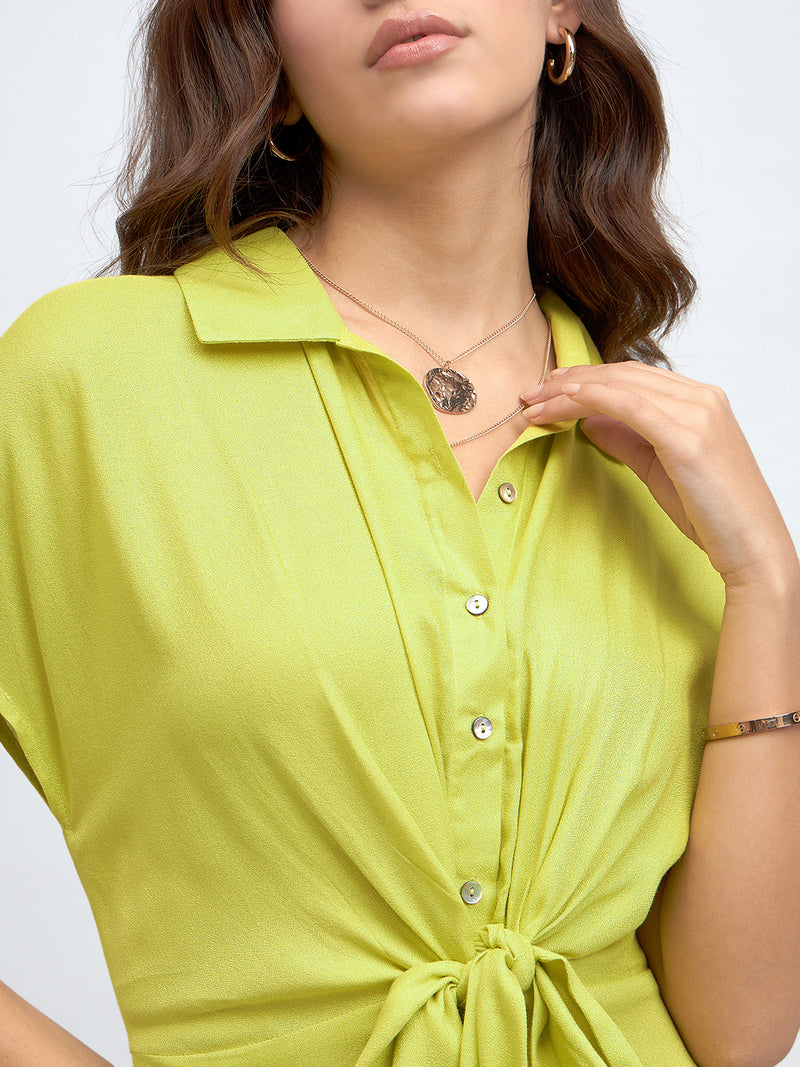 DL Woman Shirt Collar Regular Fit Solid Green Midi Tie-Up Dress