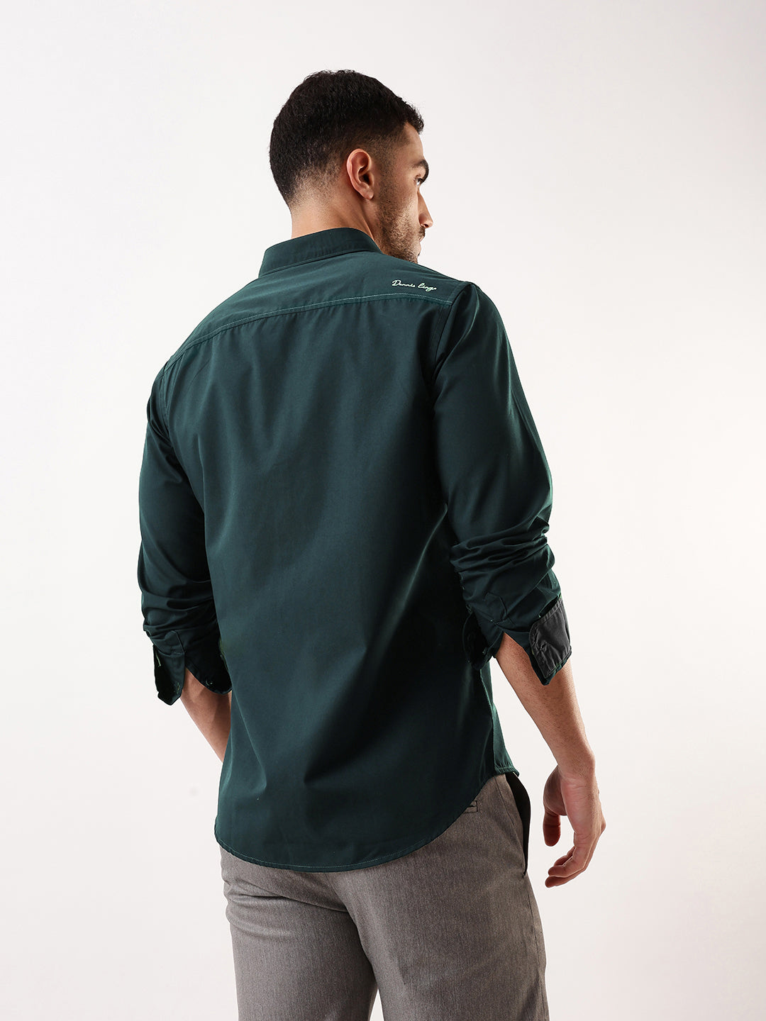 Men Bottle Green Solid Spread Collar Full Sleeves Regular Fit Casual Shirt
