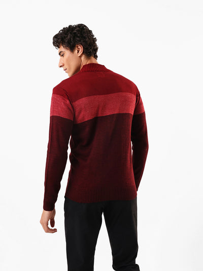 Men's Maroon Colourblocked Mock Collar Front-Open Sweater