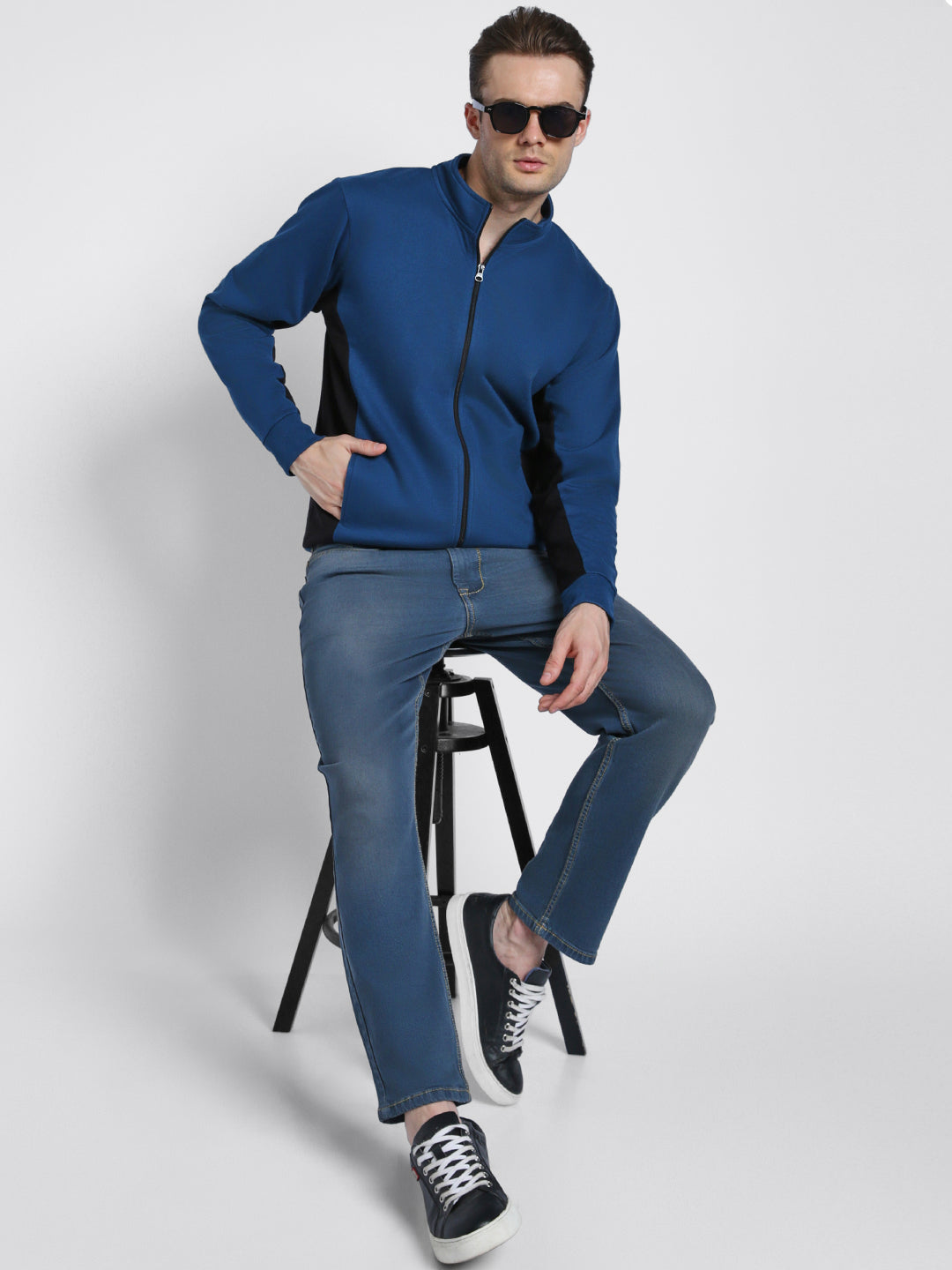 Dennis Lingo Men's Blue Mock Neck Full Sleeves Zipper front Sweatshirt