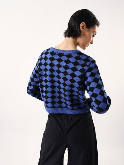 DL Woman Diamond Checks Round Neck Full Sleeves Sweater