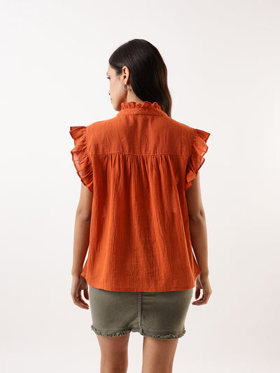 DL Woman Rust Solid Textured Sleeveless Round Neck Ruffle Top