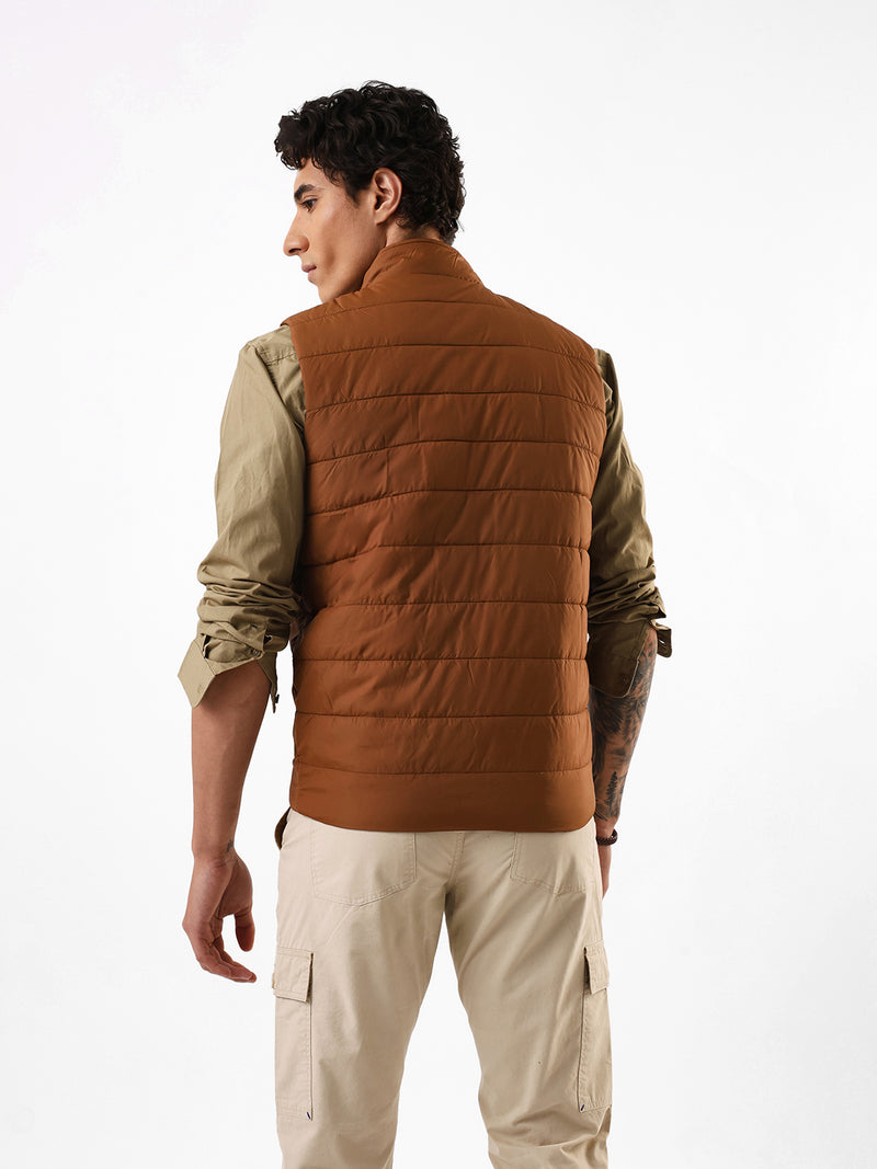 Men's Brown Solid Mock Neck Sleeveless Gilet Jacket