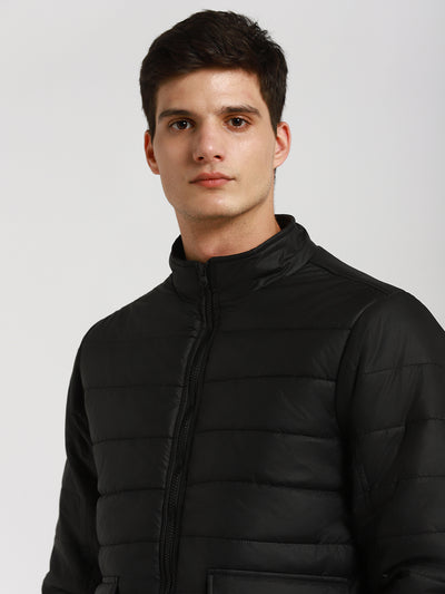 Men's High Neck Regular Fit Solid Quilted Navy Jackets