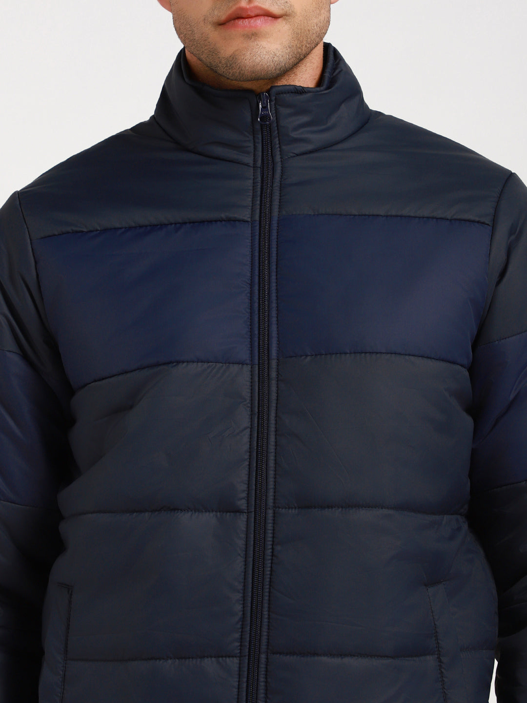 Dennis Lingo Men's Denim Panelled High Neck Full Sleeve Puffer W/O hood Jackets