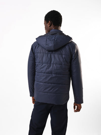 Men's Navy Solid Hooded Full Sleeves Puffer Jacket