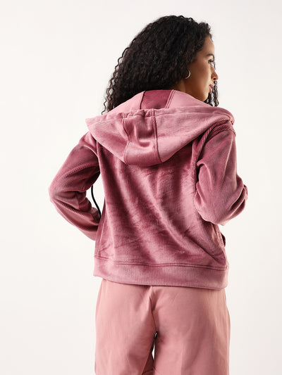 DL Woman Solid Full Sleeves Hooded Velvet Jacket