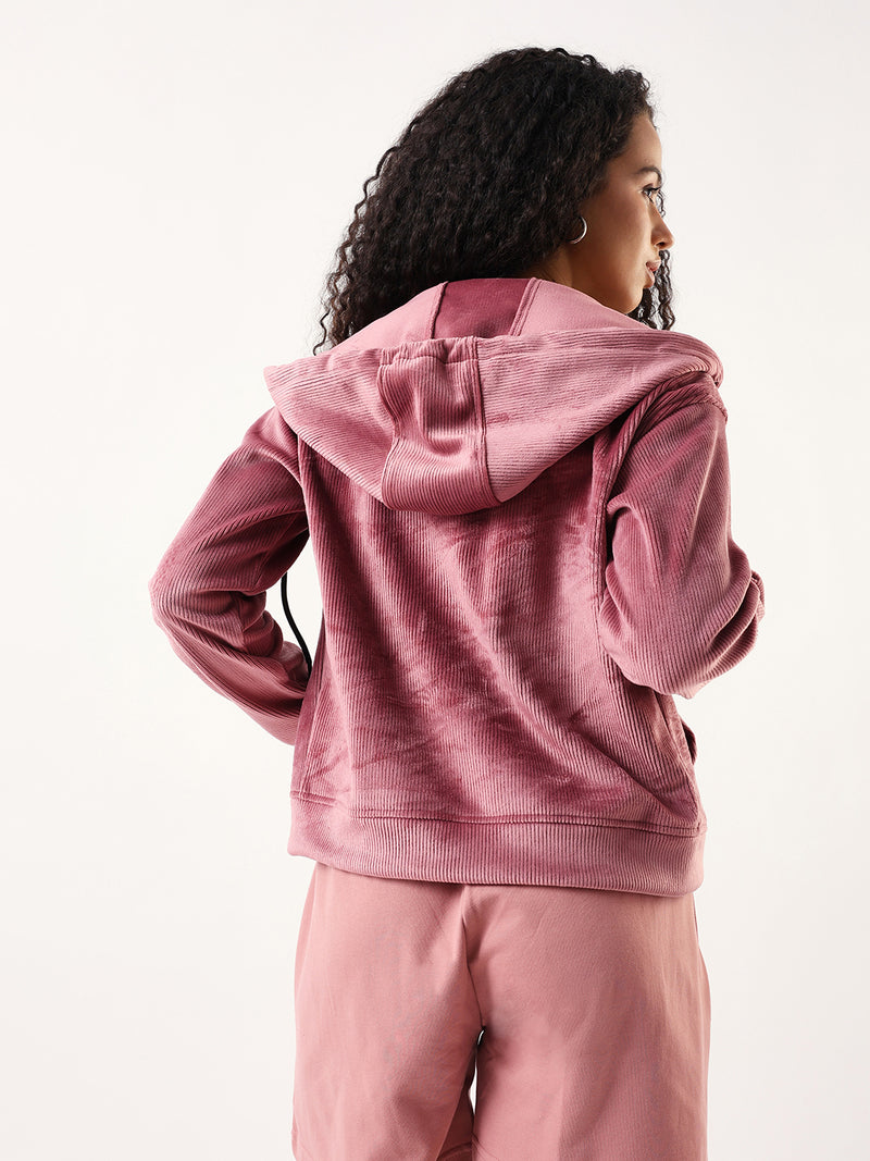 DL Woman Solid Full Sleeves Hooded Velvet Jacket