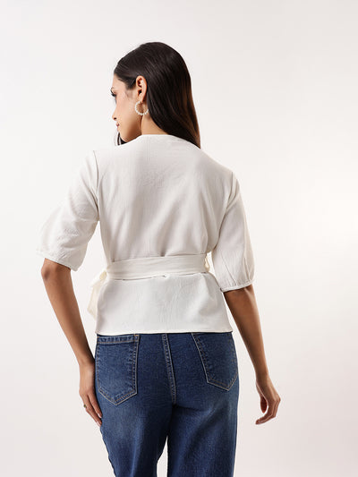 DL Woman White Solid Textured V-Neck Half Sleeves Tie-Up Top