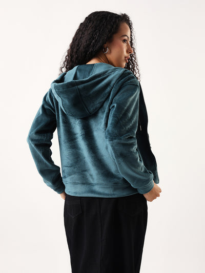 DL Woman Solid Full Sleeves Hooded Velvet Jacket