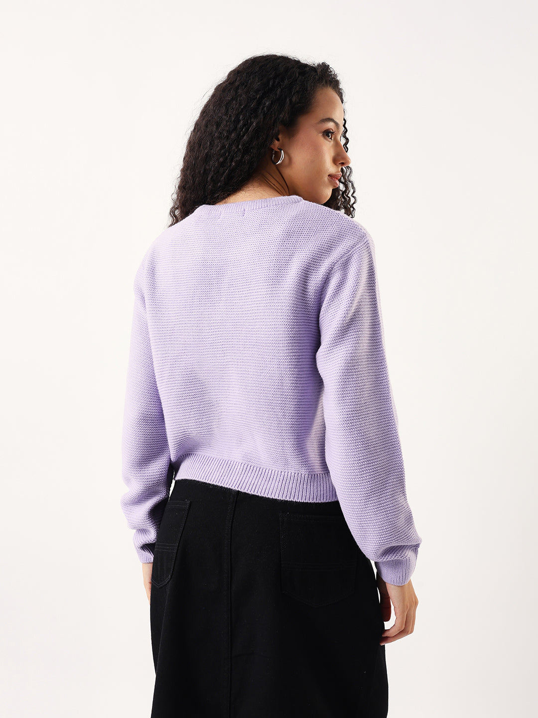 DL Woman Solid Round Neck Full Sleeves Cable Knit Sweater