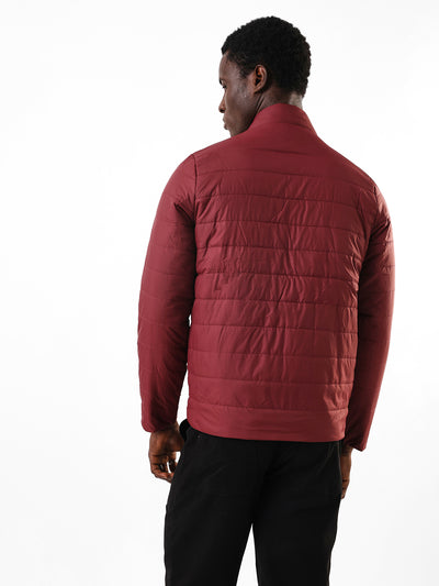 Men's Maroon Solid Mock Collar Full Sleeves Puffer Jacket