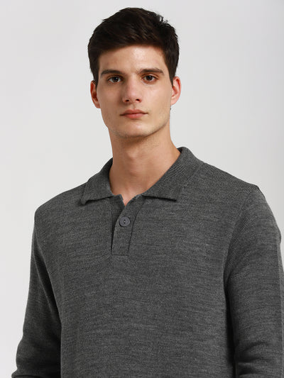 Dennis Lingo Men's Mid grey Mel Solid Collar Full Sleeves Pullover Sweater