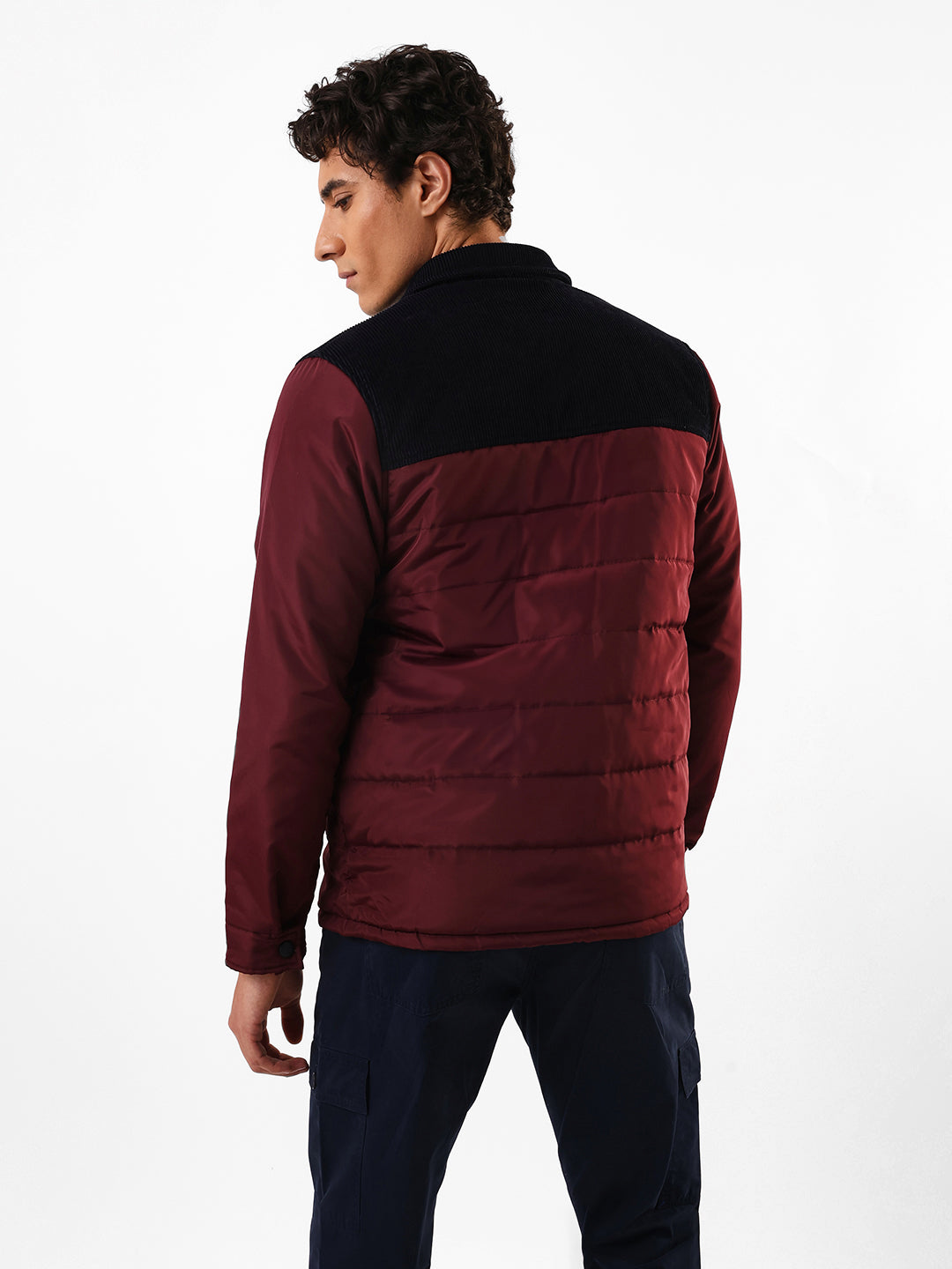 Men's Black & Maroon Colourblocked Spread Collar Full Sleeves Puffer Jacket