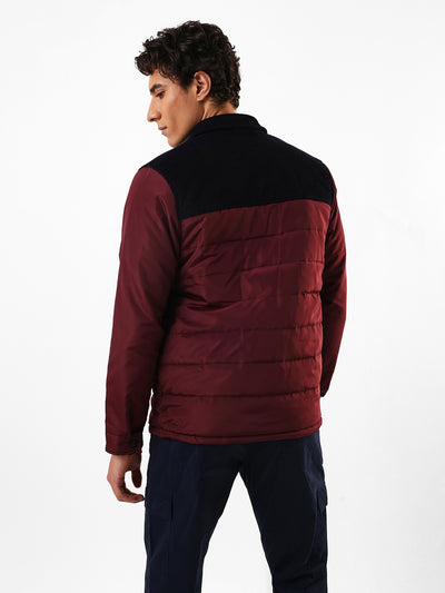 Men's Black & Maroon Colourblocked Spread Collar Full Sleeves Puffer Jacket