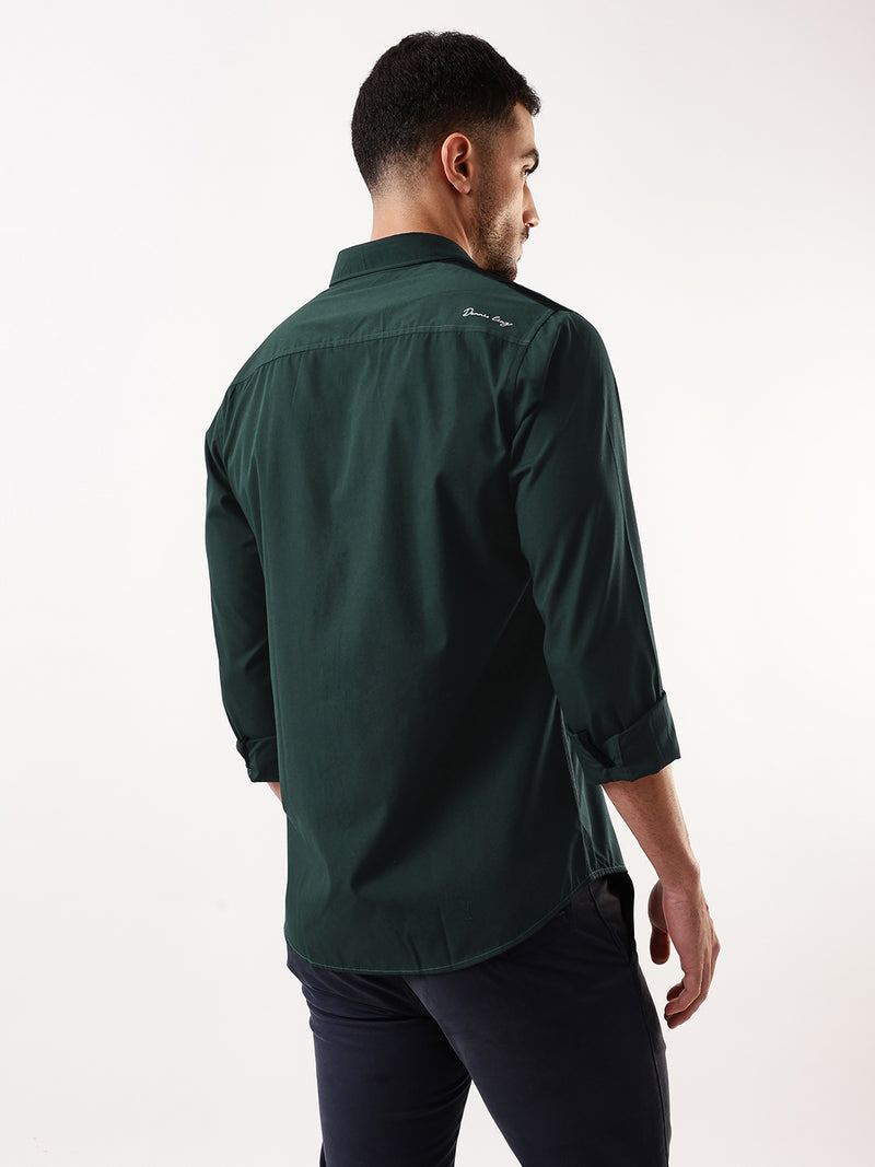 Men Bottle green Solid Spread Collar Full Sleeves Regular Fit Casual Shirt