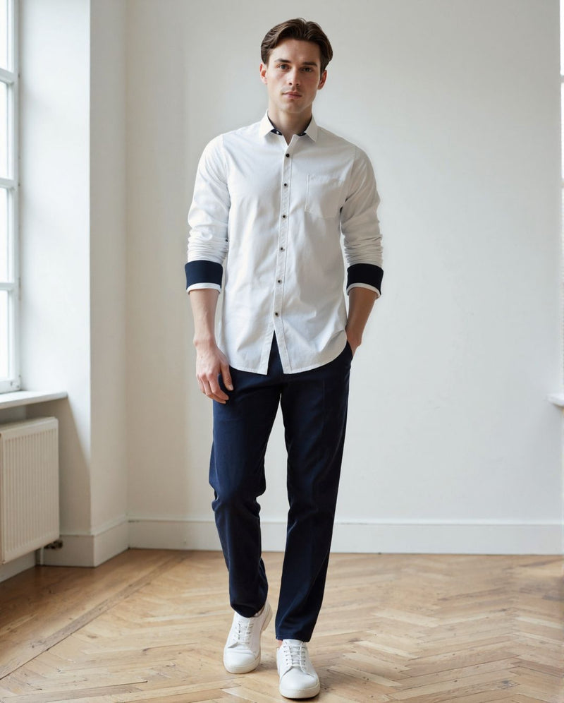 Men White Solid Spread Collar Full Sleeves Regular Fit Casual Shirt